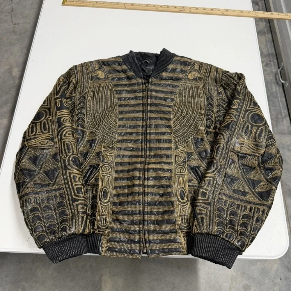 Paradiso Egyptian Embroidered Leather Bomber Jacket Black Gold